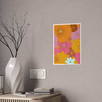 Printify eco-friendly flower posters with vibrant orange and pink floral design on gray wall