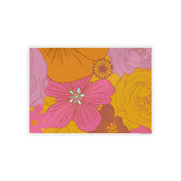 Printify eco-friendly flower posters featuring vibrant pink and yellow floral designs