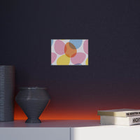 Printify home decor wall art on eco-friendly foam board with colorful abstract shapes above a shelf with vases and books