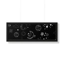 Printify eco-friendly framed poster featuring black background with white space and planet doodles