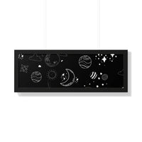 Printify eco-friendly framed poster featuring black background with white space and planet doodles