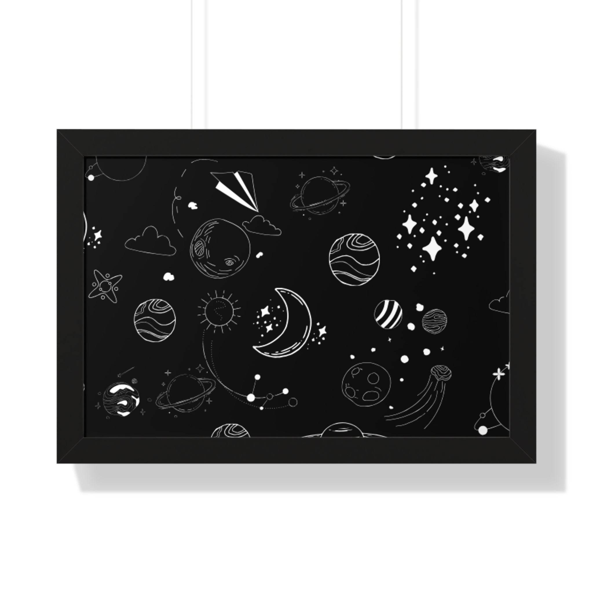 Printify eco-friendly framed poster with black space and planet illustrations