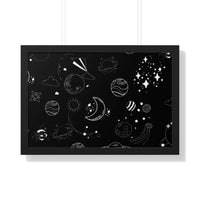 Eco-friendly framed poster by Printify featuring black space-themed design with planets and stars