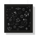 Printify eco-friendly framed poster featuring black and white space-themed design with planets and stars