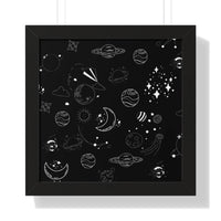 Printify eco-friendly framed poster featuring black and white space-themed design with planets and stars