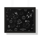 Printify eco-friendly framed poster featuring a black background with white space-themed illustrations