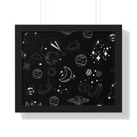 Printify eco-friendly framed poster featuring a black background with white space-themed illustrations