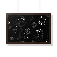 Printify eco-friendly framed poster with black space design featuring planets and stars