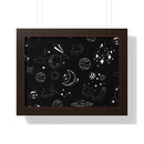 Printify eco-friendly framed poster featuring black background with white space and planet sketches