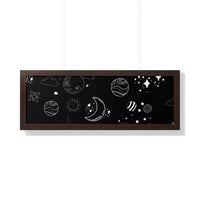 Printify eco-friendly framed poster with black background and white celestial planet and moon illustrations