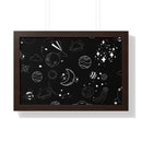 Printify eco-friendly framed poster with black space-themed design and white planet illustrations