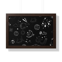 Printify eco-friendly framed poster with black space-themed design and white planet illustrations