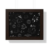 Eco-friendly framed poster by Printify featuring white space-themed sketches on a black background