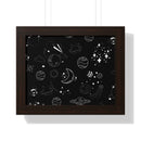 Eco-friendly framed poster by Printify featuring white space-themed sketches on a black background
