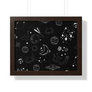 Printify eco-friendly framed poster with black background and white space-themed illustrations