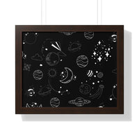 Printify eco-friendly framed poster with black background and white space-themed illustrations