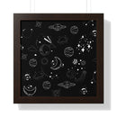 Eco-friendly framed poster featuring white space and planet illustrations on a black background
