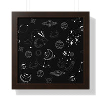 Eco-friendly framed poster featuring white space and planet illustrations on a black background
