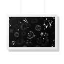 Printify eco-friendly framed poster with black background and white space-themed doodle illustrations