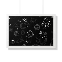 Printify eco-friendly framed poster with black background and white space-themed doodle illustrations