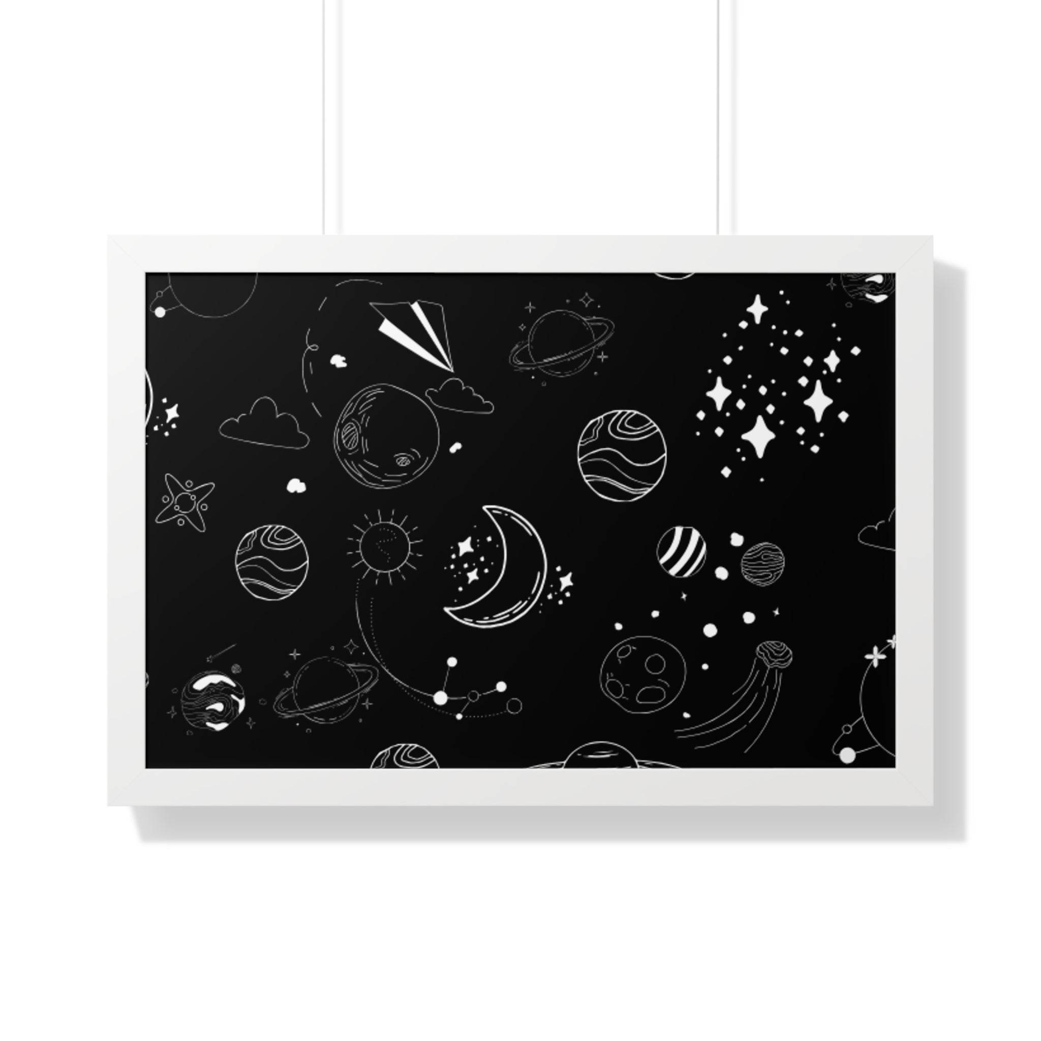 Printify eco-friendly framed poster with black background and white space-themed doodle illustrations