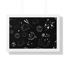 Printify eco-friendly framed poster with white space-themed doodles on black background