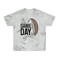 Printify eco-friendly game day t-shirt with football graphic and it’s game day y’all text
