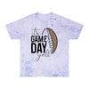 Printify eco-friendly game day t-shirt with football graphic and text on light purple tie-dye fabric