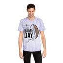 Men's eco-friendly game day t-shirt with football graphic and text available from Printify