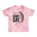 Pink Printify eco-friendly game day t-shirt with football graphic and its game day yall text