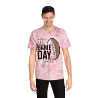 Printify eco-friendly game day t-shirt in pink with football graphic and game day text