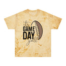 Printify eco-friendly game day t-shirt with beige tie-dye design and football graphic