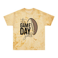 Printify eco-friendly game day t-shirt with beige tie-dye design and football graphic