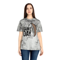 Printify eco-friendly game day t-shirt with football graphic worn by woman in casual jeans