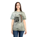 Eco-friendly game day t-shirt with football graphic and text on green tie-dye fabric