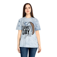 Eco-friendly game day t-shirt with football design and text its game day yall on light blue shirt