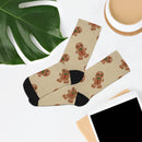 Printify eco-friendly ginger snaps socks with gingerbread man pattern and black heel and toe