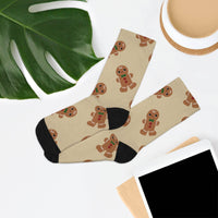 Printify eco-friendly ginger snaps socks with gingerbread man pattern and black heel and toe
