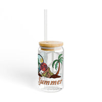 Printify eco-friendly glass sipper with bamboo lid and summer beach design featuring palm trees