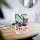 Clear eco-friendly glass sipper with beach summer design featuring palm trees and love sun text