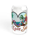 Printify eco-friendly glass sipper with summer beach design and palm trees on clear reusable glass