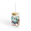 Printify eco-friendly glass sipper with bamboo lid and tropical summer design