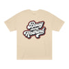 Printify beige eco-friendly graphic tee with Busy Doing Nothing bold white and black text design