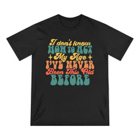 Printify black eco-friendly graphic tee with colorful vintage text design about age and acting
