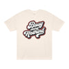 Printify beige eco-friendly graphic tee with Busy Doing Nothing text design in bold script