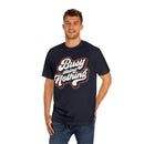 Printify black eco-friendly graphic tee with busy doing nothing white text design