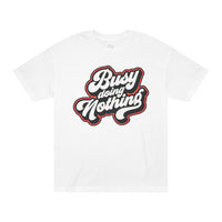Printify white eco-friendly graphic tee with busy doing nothing script design
