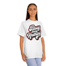 Printify white eco-friendly graphic tee with Busy Doing Nothing text worn by woman