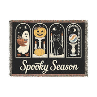 Printify eco-friendly Halloween blanket with spooky ghost, pumpkin, black cat, and crystal ball design