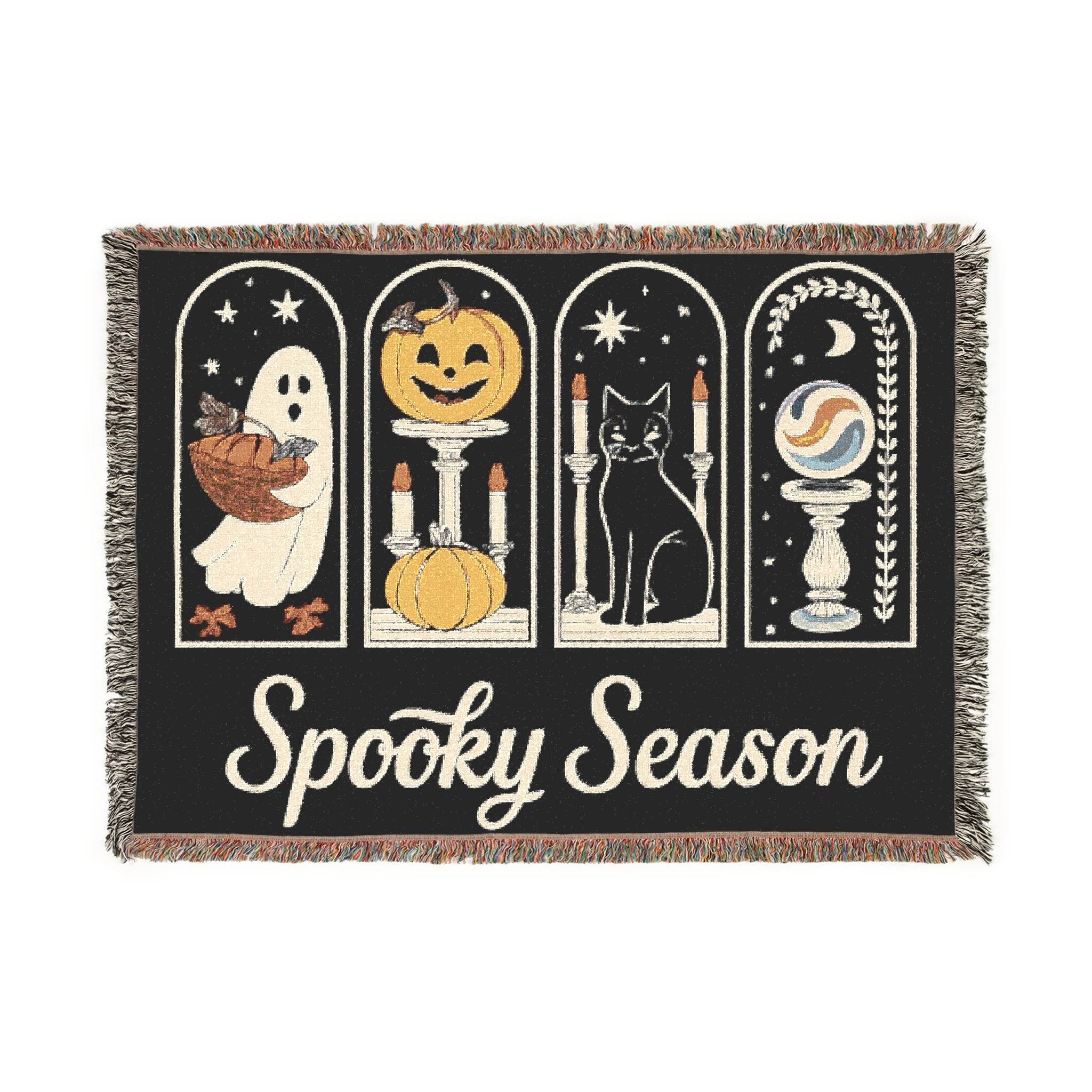 Printify eco-friendly Halloween blanket with spooky ghost, pumpkin, black cat, and crystal ball design